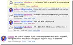 I've written about having a server at home before, but I'd like to re-evaluate my thoughts on it. I had a quick little Twitter conversation with Mark last night, and felt I should write a bigger blog post a bout my thoughts. Here is my current home network scenario: I have a Vista based Media Center in the closet recording TV and an XBOX 360 running as an extender to serve it back up to the family room. The XBOX is very loud, but isn't too big of a deal when video/music is playing. Our backup system pretty much sucks right now. It consists of burning stuff to DVD-R's, whenever I remember to do so. I realized last night that I hadn't done so in a few months and had about 10 gigabytes of photos not backed up. That is really not good. So, I've been looking at improving our backup solution. We're probably going to end up getting an HP Media Vault, but I considered a few other options as well. Microsoft released a Home Server product not too long ago, and by all accounts, it looks to be pretty good. It does backups very well, and serves all the standard media types out to clients. But it just doesn't do enough for me. Here's what I would consider to be a bunch of killer features: The current backup system is good. Maybe as an added cost allow for online backup over the Internet as well. Kind of like amazon S3, but geared towards home users. Or Mozy integration. Time Machine like UI. I personally think the whole 